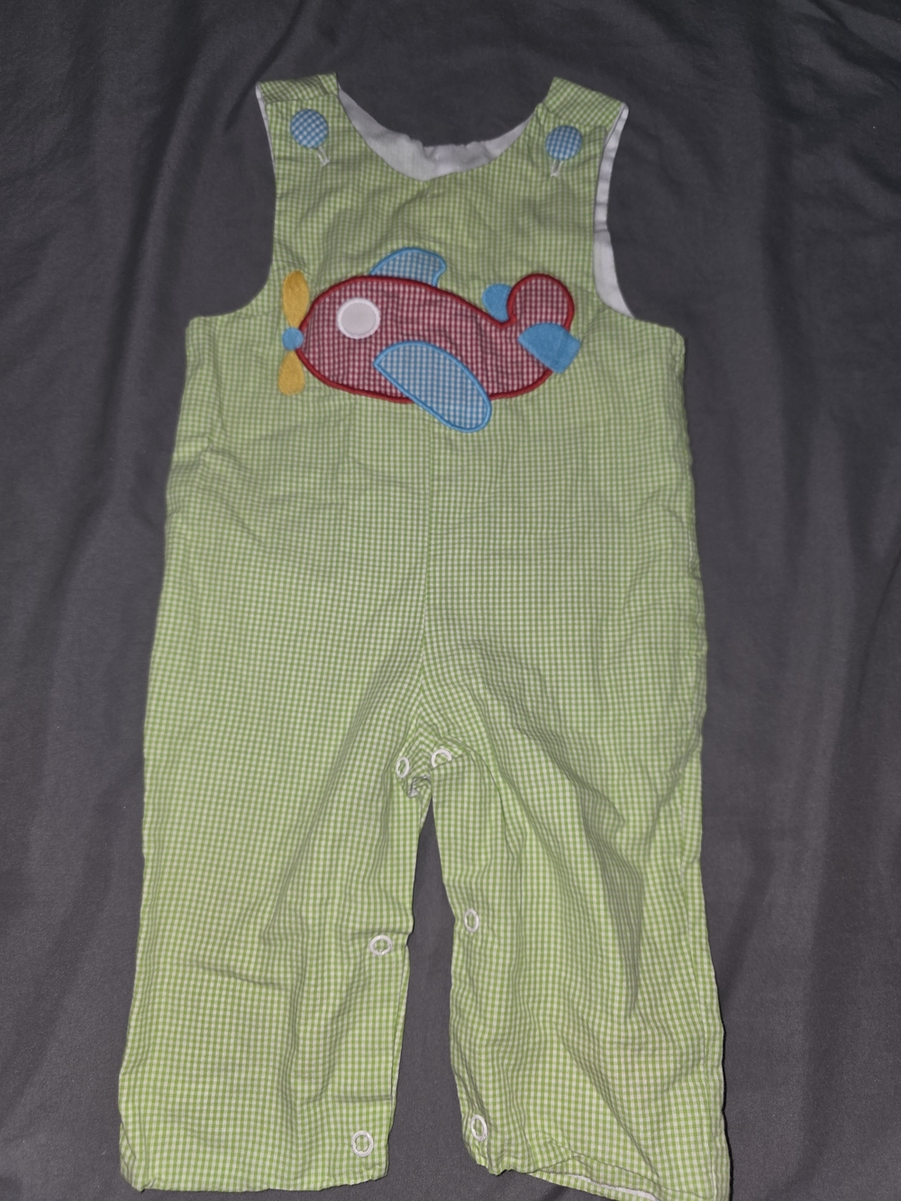 Green Gingham Airplane Applique Kids Romper